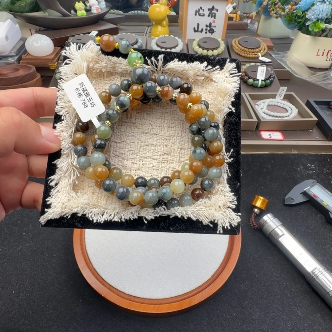 和田玉未镶嵌手链卡8楼兰108带三颗顶珠，18