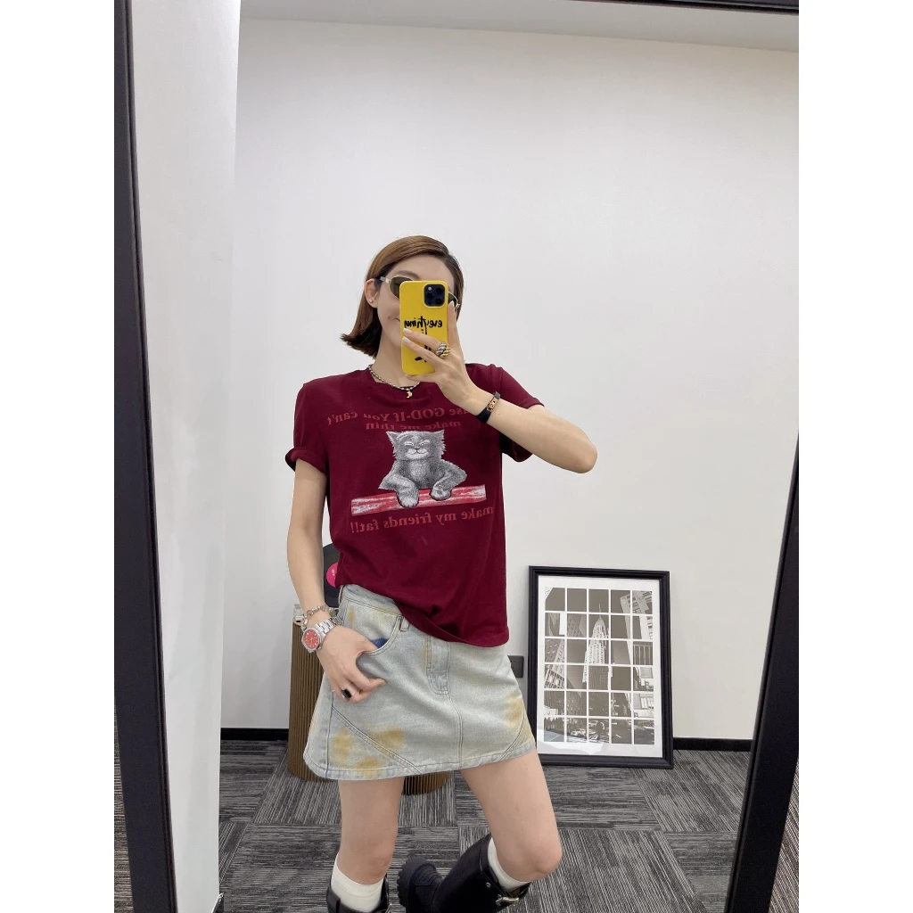 NO退NO换｜【热颂猫】新款微笑猫印花复古显白舒适圆领T恤YR1DX0128