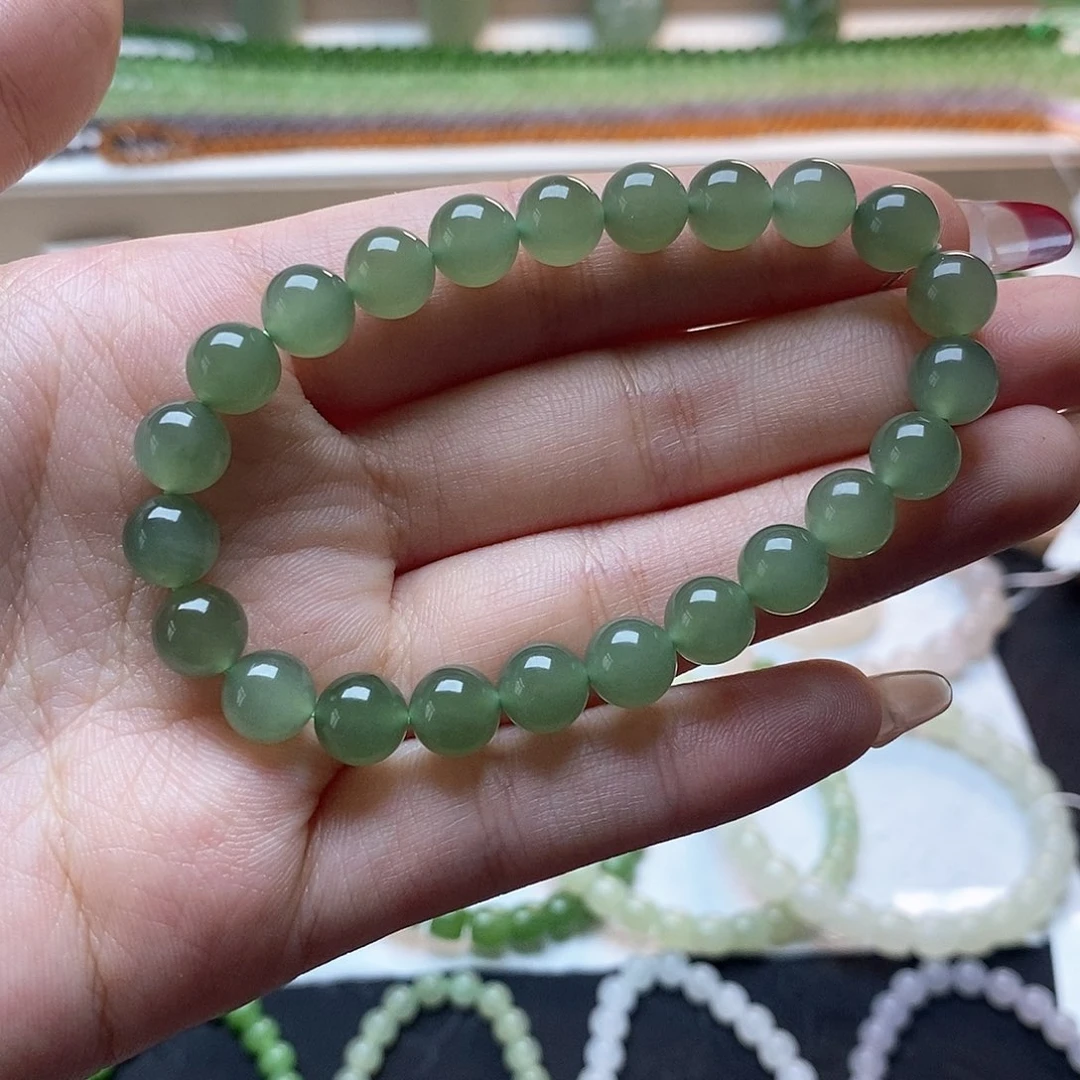 和田玉手链未镶嵌湖水绿微猫8mm手串