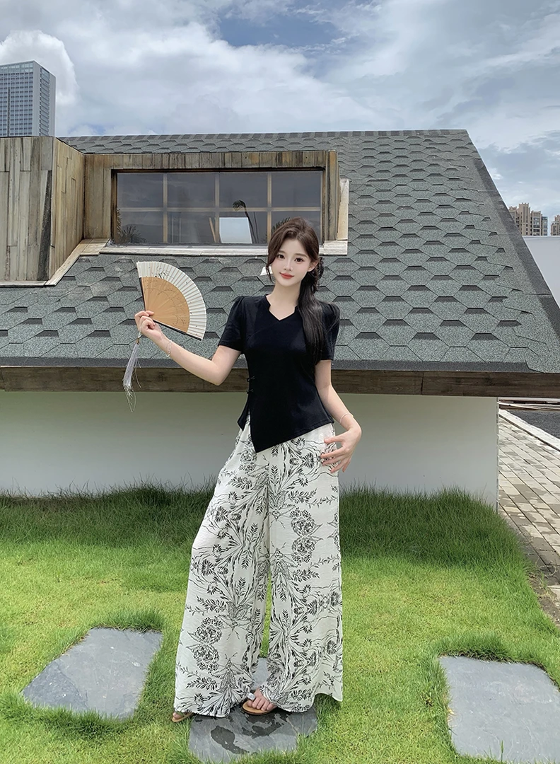 2025夏装新款新中式上衣阔腿裤套装显瘦两件套 A1926+22458