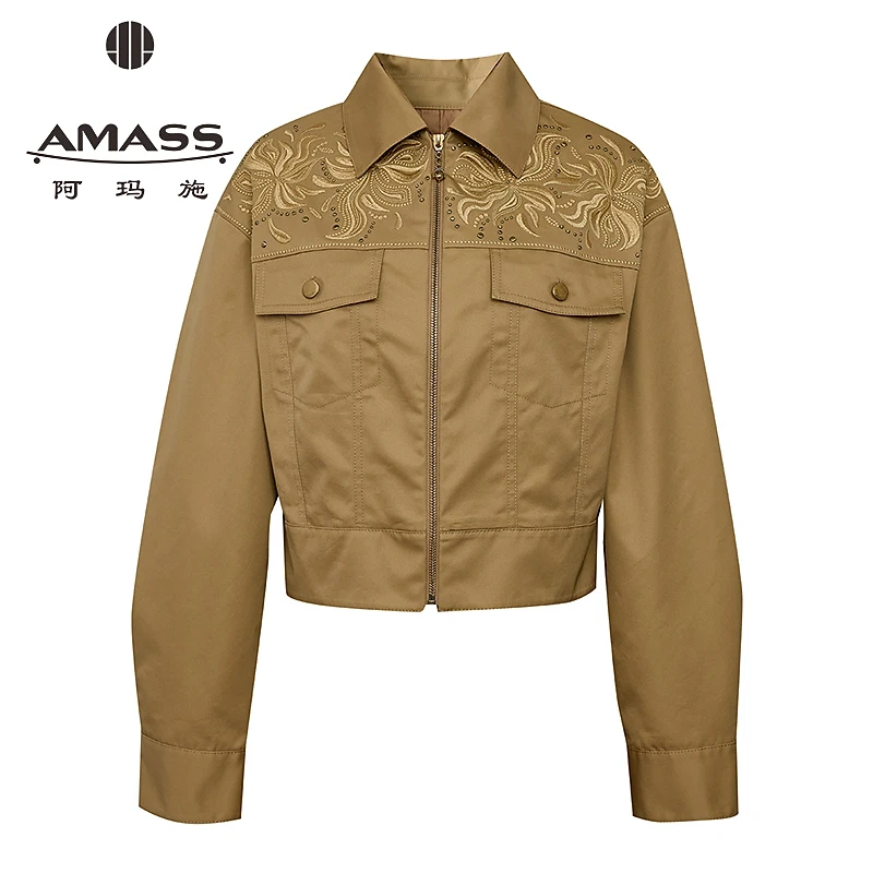 AMASS/阿玛施时尚简约复古翻领钉珠机车拉链宽松夹克外套女540068