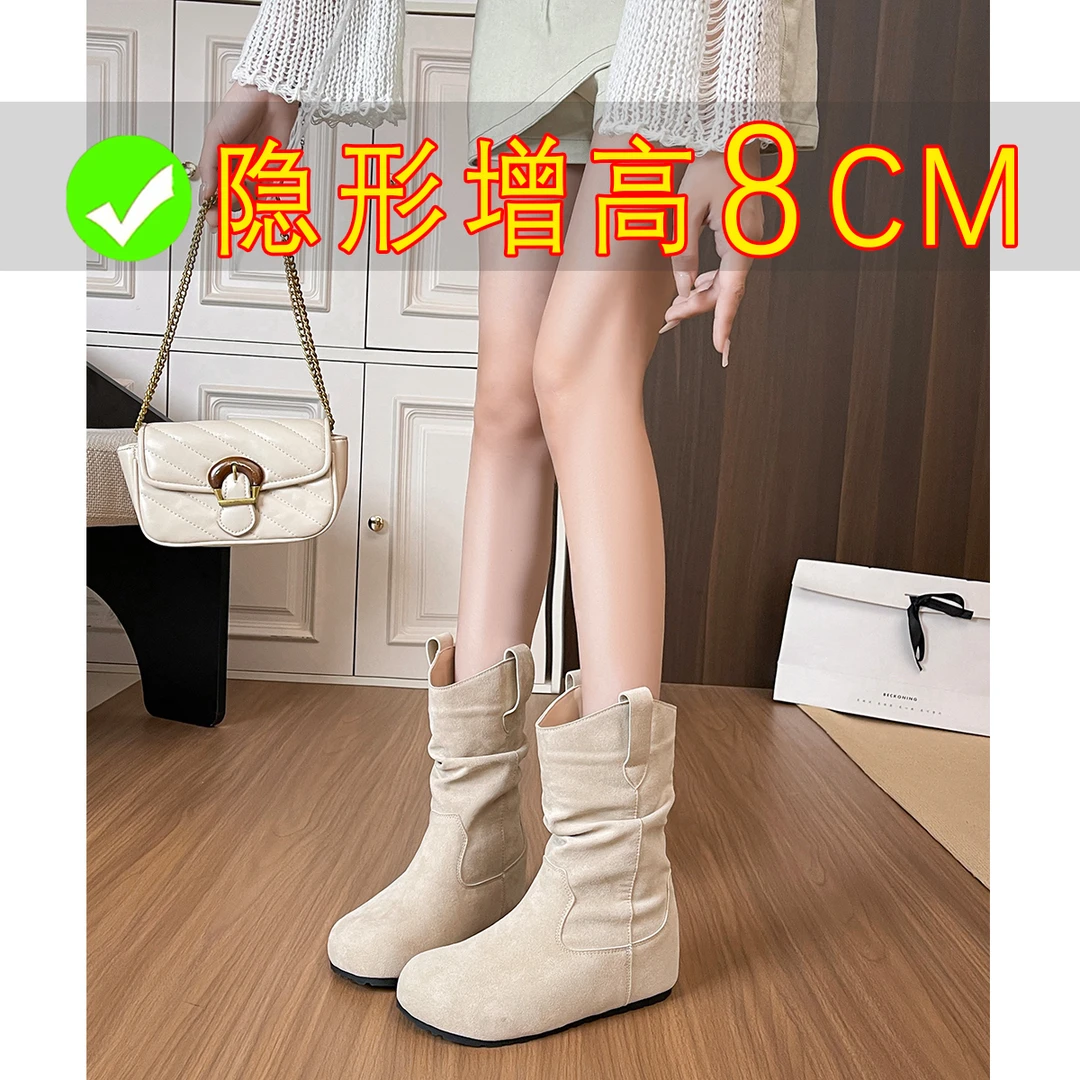 厚底堆堆靴短靴女内增高8CM勃肯靴2025新款秋冬马丁靴西部牛仔靴