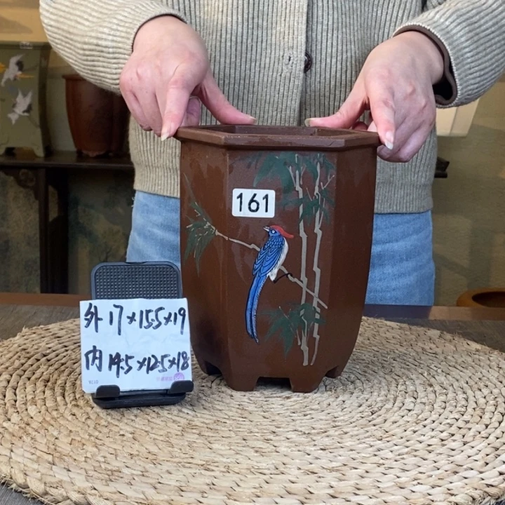 紫砂花盆   福利紫泥彩绘六方161