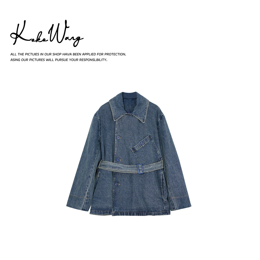 KOKO WANG早春新款西装领系带休闲复古阔版牛仔外套471795B13W41