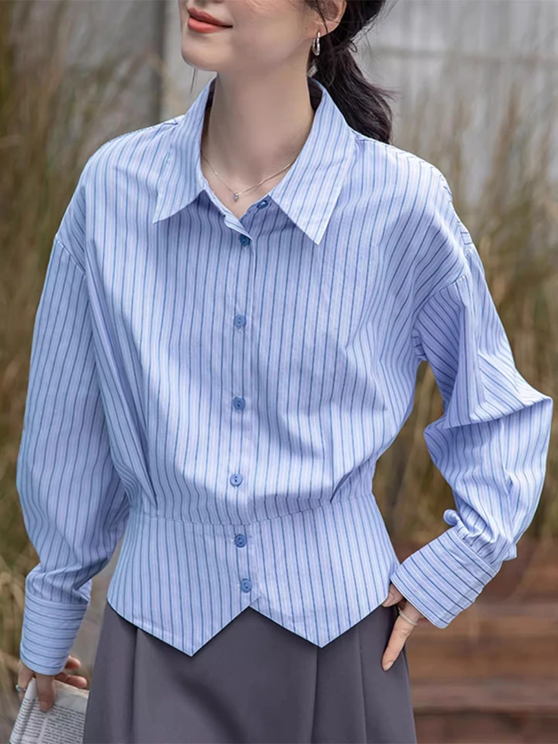 高级感长袖条纹衬衫女装秋季2025新款宽松Polo领收腰显瘦气质上衣