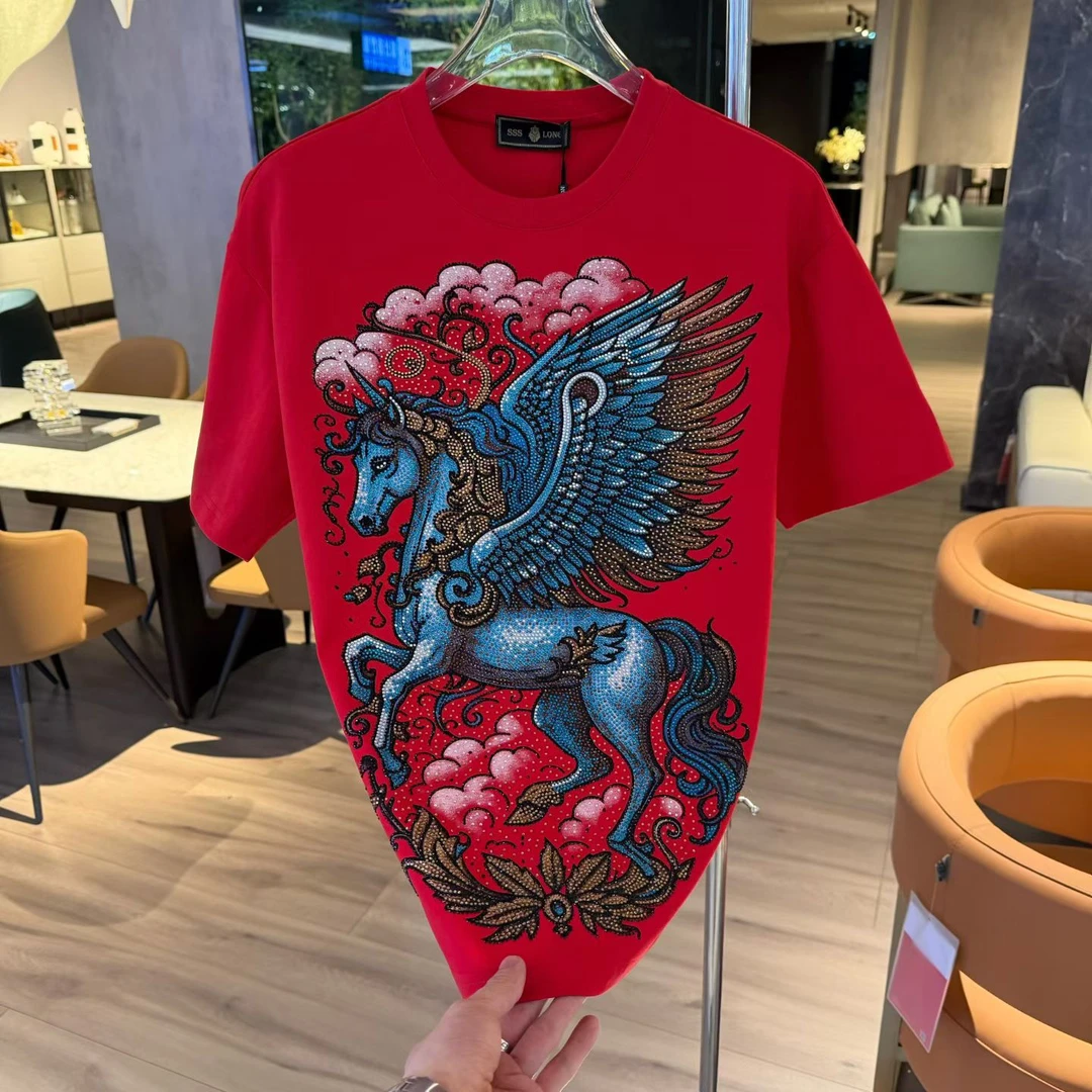 006马年重工潮牌烫钻时尚轻奢圆领半袖T恤潮流设计师情侣高奢短袖