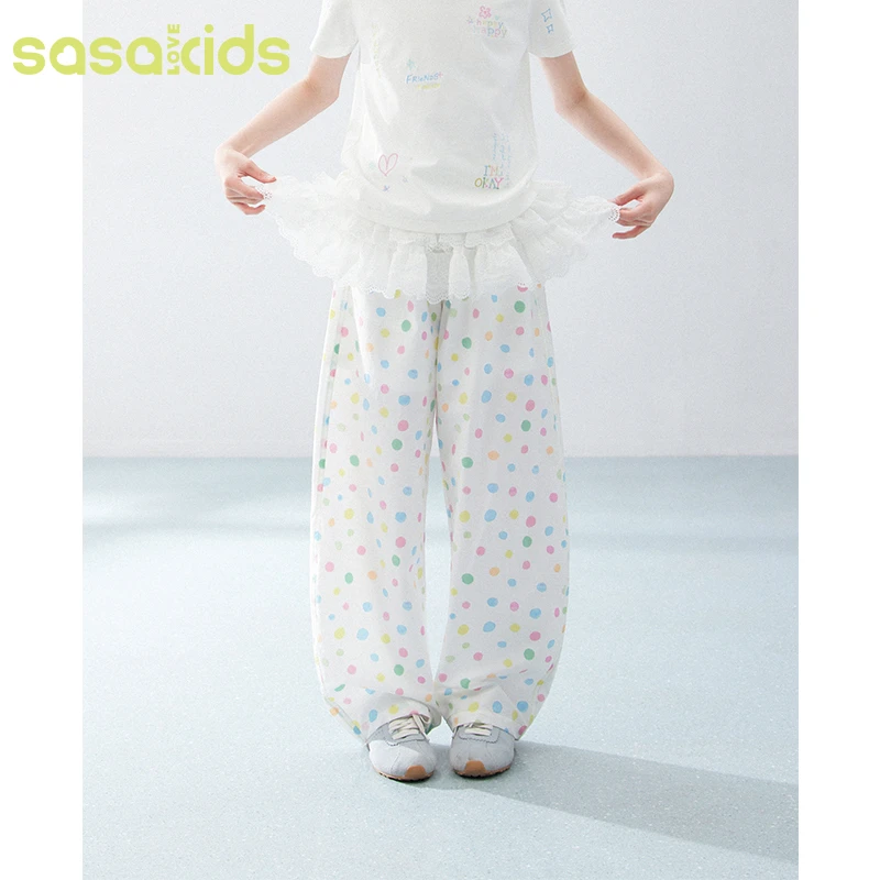 sasakids不规则马卡龙彩色波点印花宽松阔腿休闲居家百搭弯刀裤