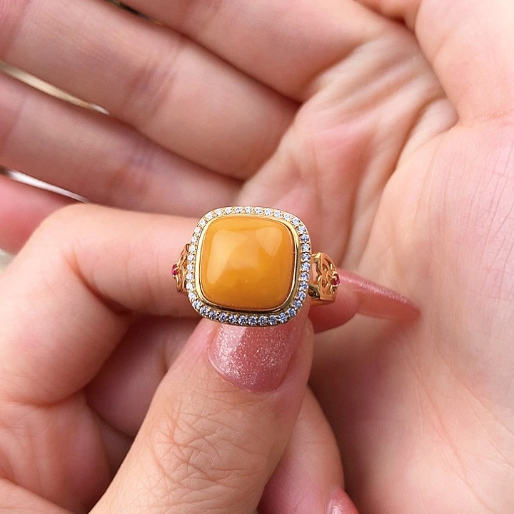 蜜蜡戒指银S925镶嵌戒指