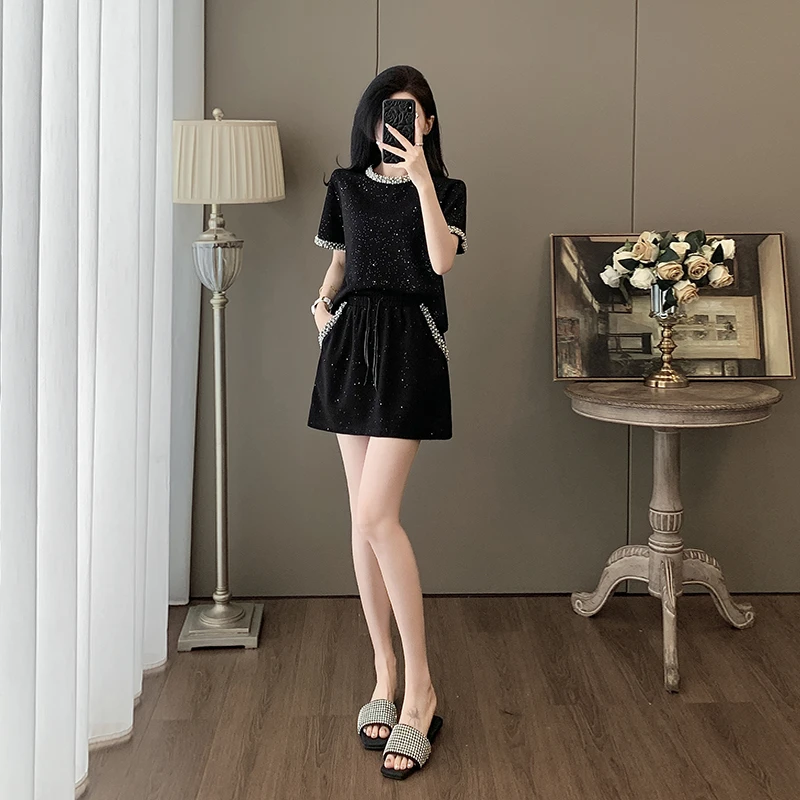 女装夏装时尚套装新款高级感气质洋气减龄休闲钉珠短袖短裙两件套