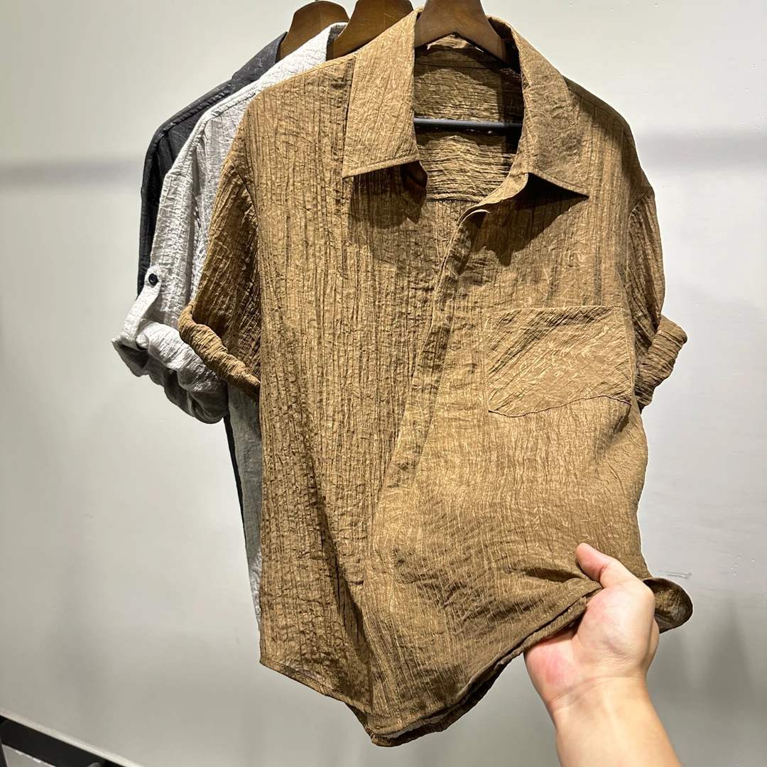 男士轻奢褶皱高级感半袖斜襟衬衫夏季舒适老钱风提花短袖衬衣