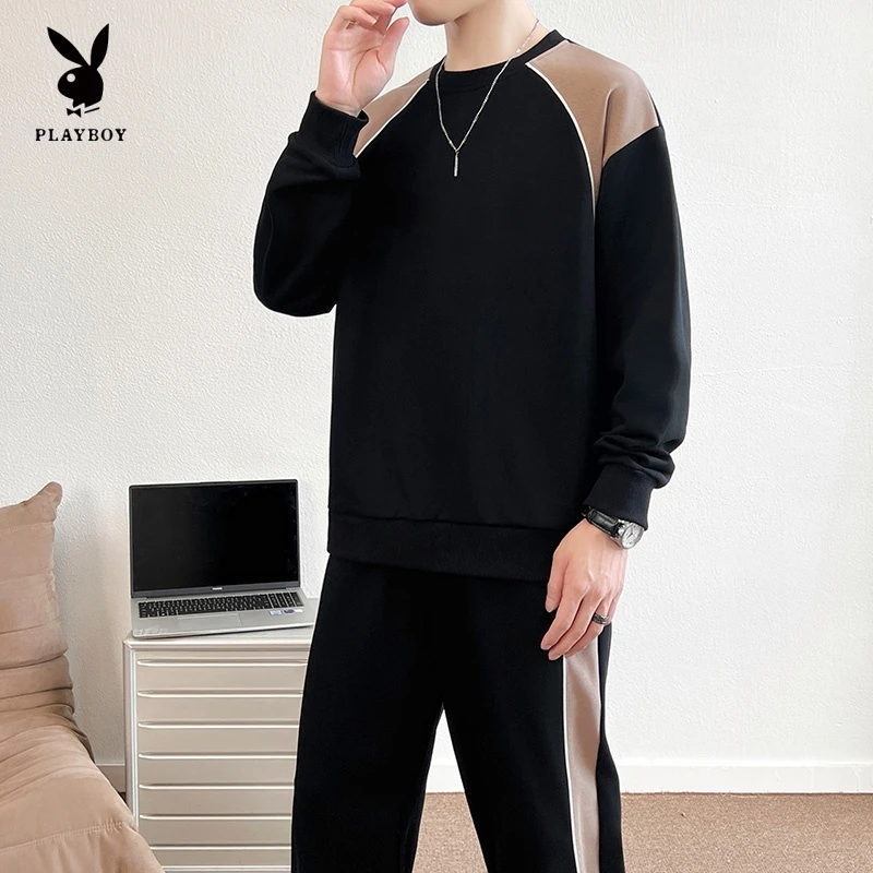花花公子休闲运动套装男士春秋季拼色宽松潮流百搭长袖卫衣休闲裤