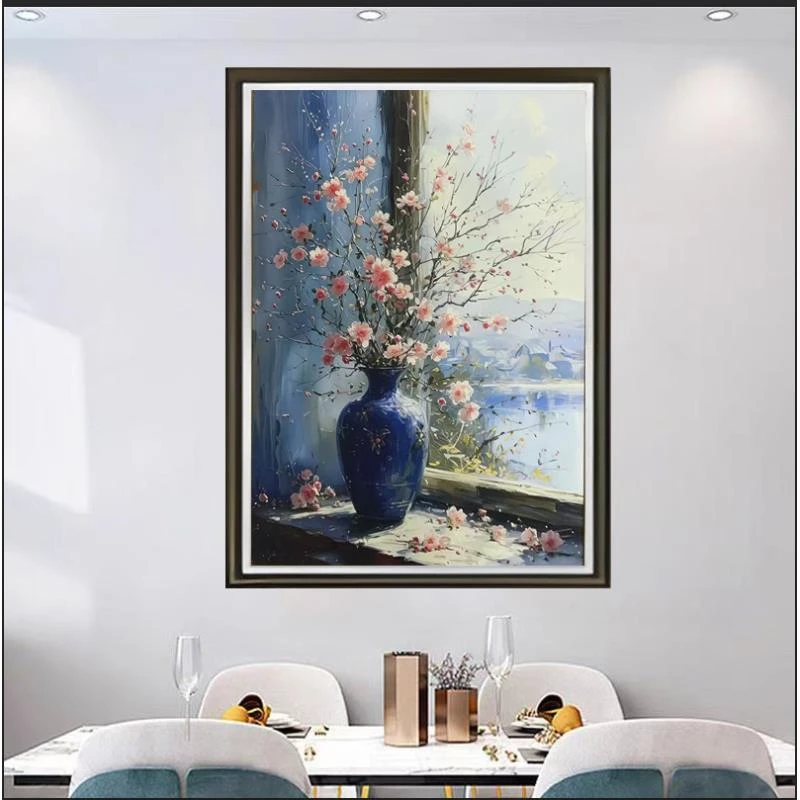 K25蓝瓶腊梅时尚餐厅客厅床头轻奢挂画装裱实物鎏金画装饰画