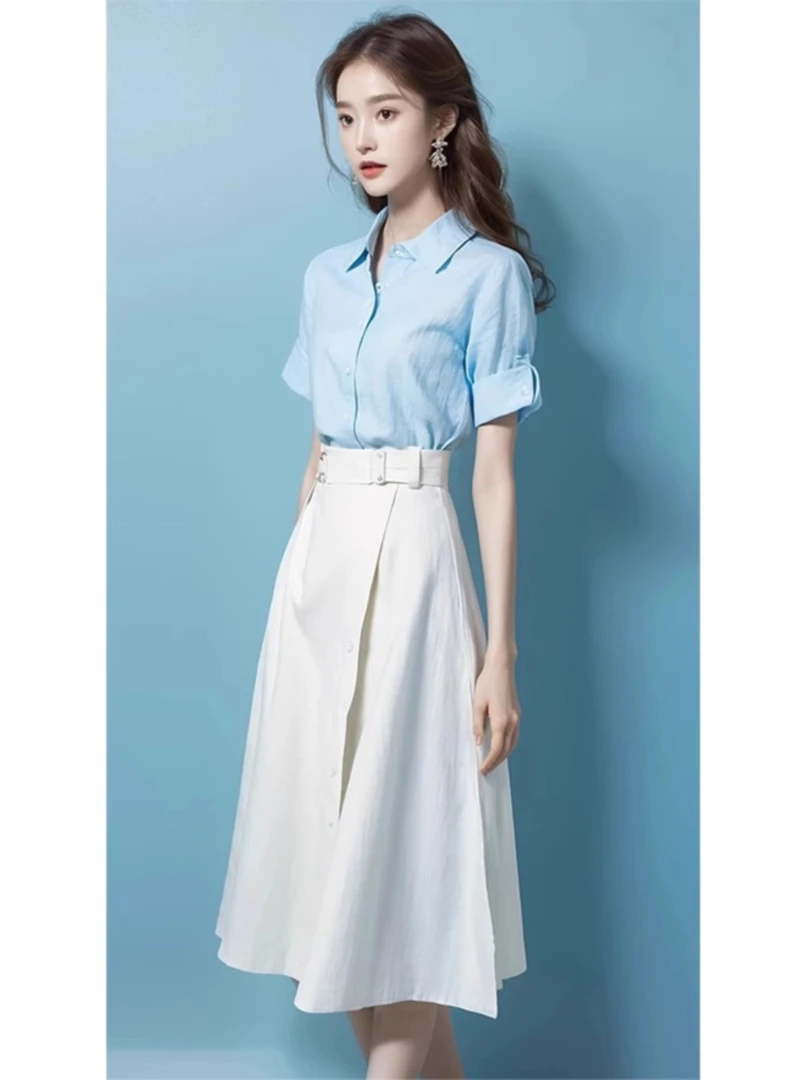 洋气减龄漂亮气质炸街小个子搭配一整套白色棉麻衬衫套装裙女夏季