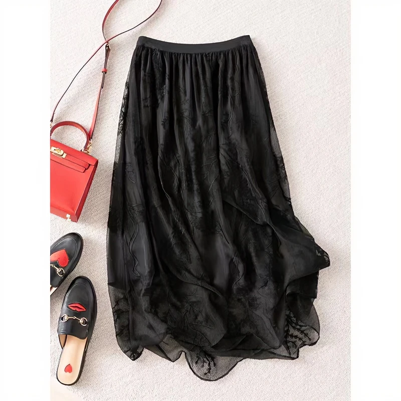 【100%桑蚕丝】里外双层真丝 重工刺绣飘逸显瘦半身裙纯色裙子中长