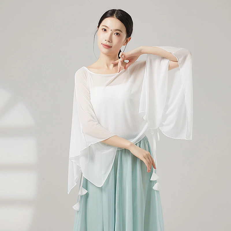 古典舞身韵飘逸宽松抽绳网纱罩衫上衣形体现代舞蹈练功服老师上课
