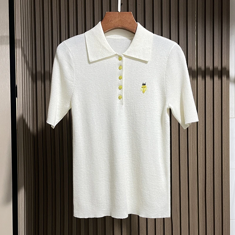 钉珠刺绣小蜜蜂短袖通勤修身夏季女装Polo翻领法式真丝羊毛针织衫
