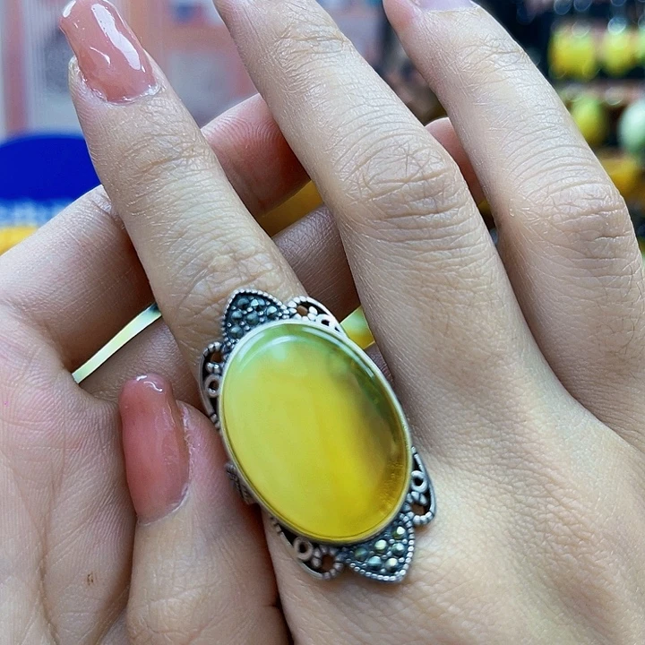 蜜蜡银S925镶嵌裸石戒指