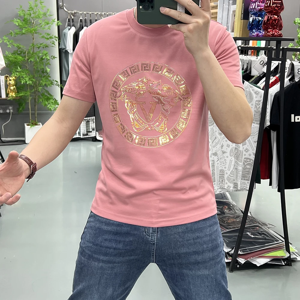 美式轻奢休闲烫金潮流短袖休闲夏季T恤丝光棉男士修身高品质