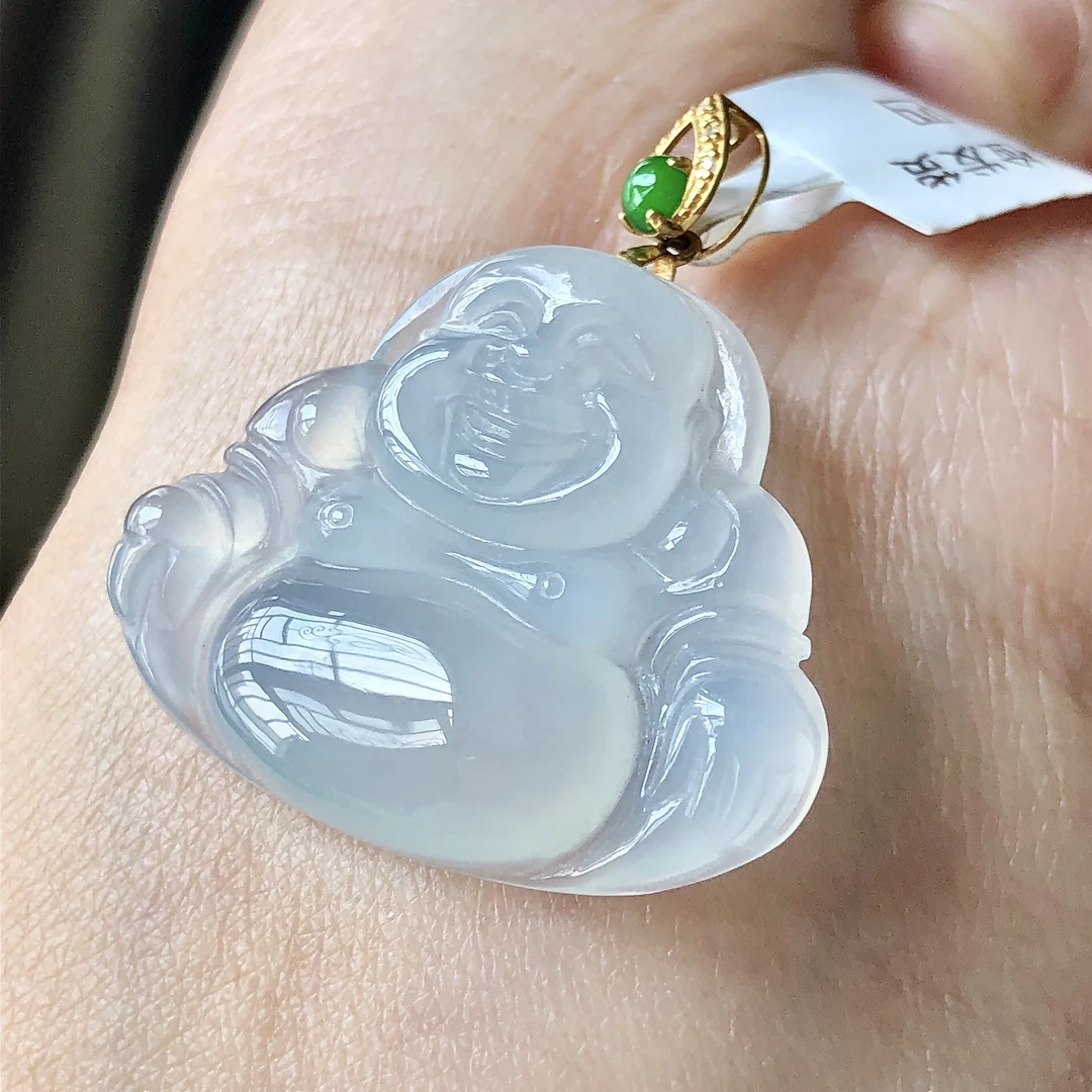 缅甸天然A货翡翠18k金镶嵌老坑冰种佛公吊坠裸石尺寸28.3/23/5