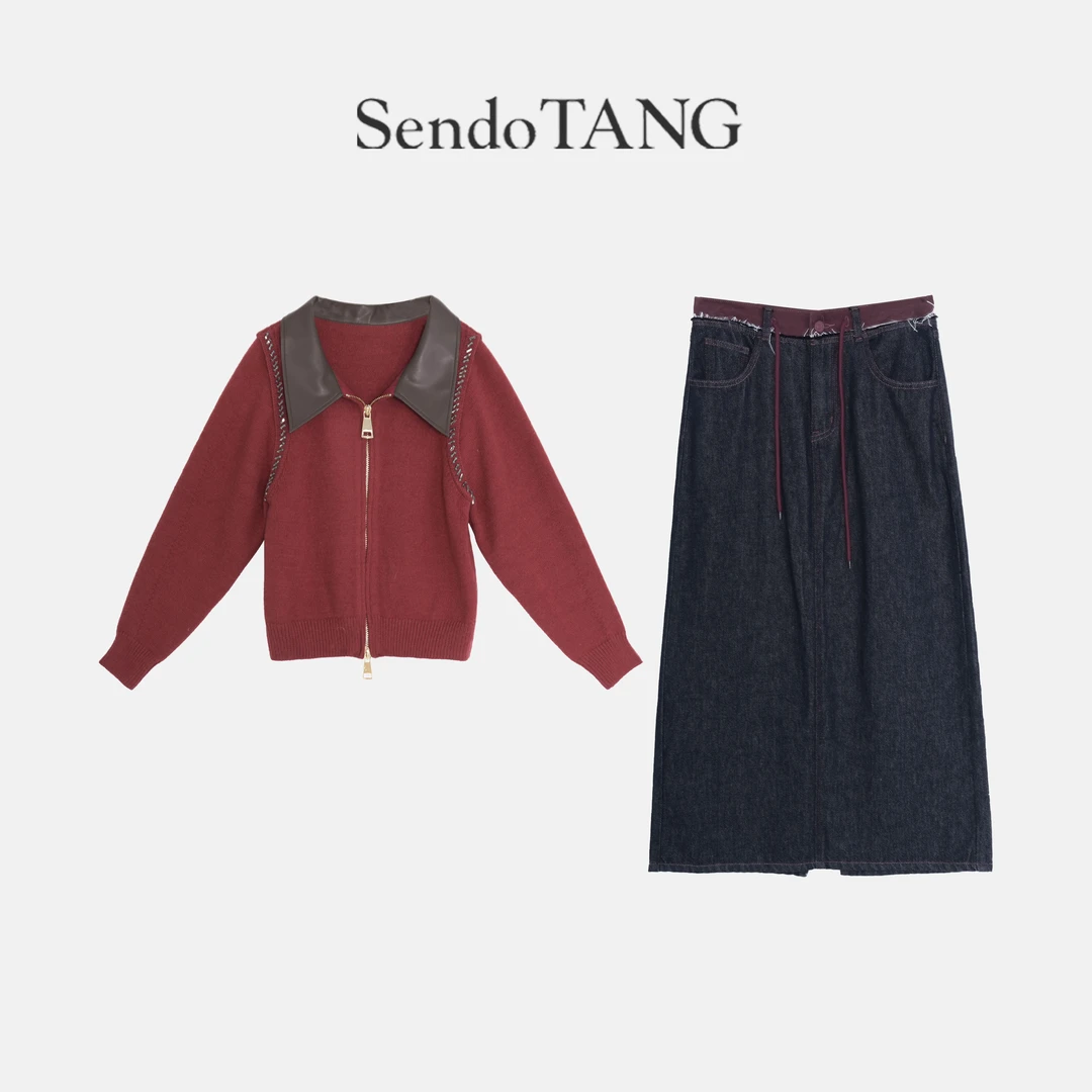 新年红【雅律】胖多女装新款重工拼接拉链针织毛衣牛仔半裙套装