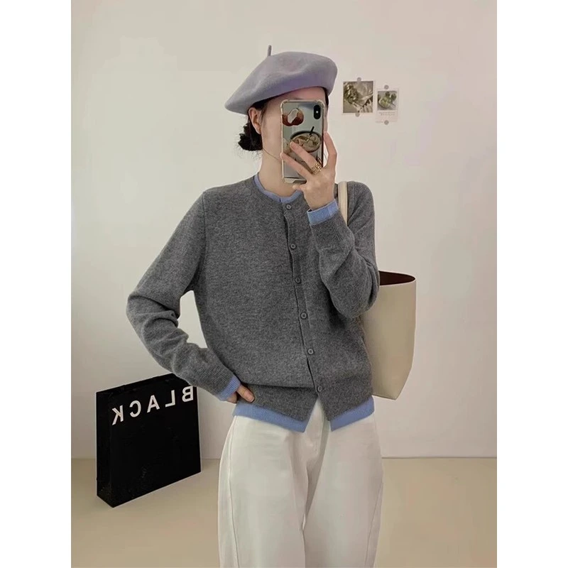 高级感撞色假两件针织开衫女初秋慵懒复古美拉德毛衣外套气质上衣