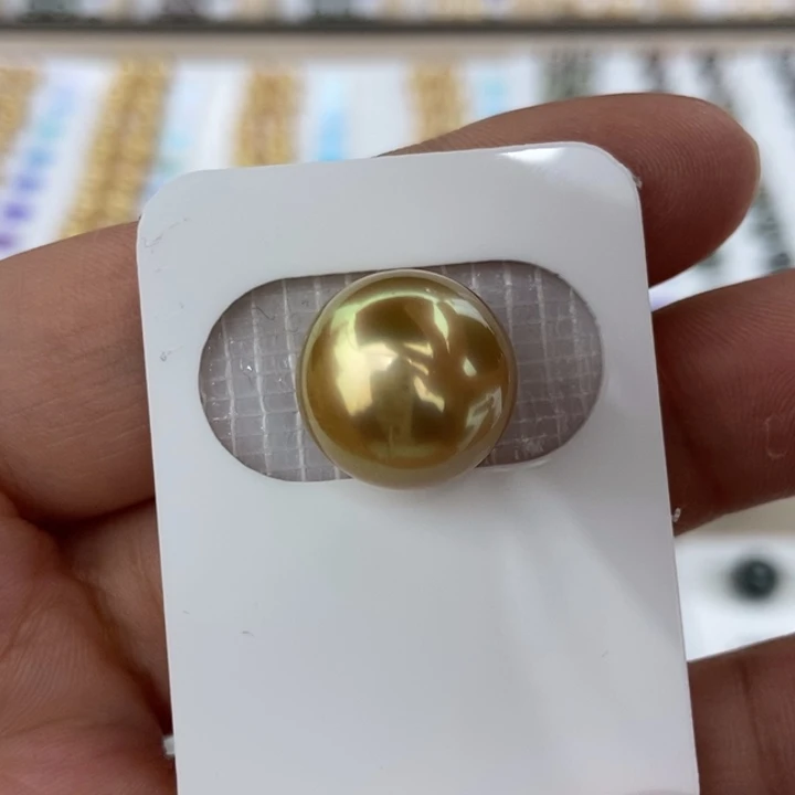 未镶嵌裸珠海水珍珠14.4mm正圆浓金金绿色小极光