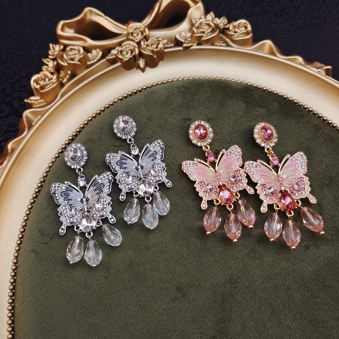 铜合金无非金属耳饰 手工新中式精致蝴蝶飞水晶流苏坠耳环ST245