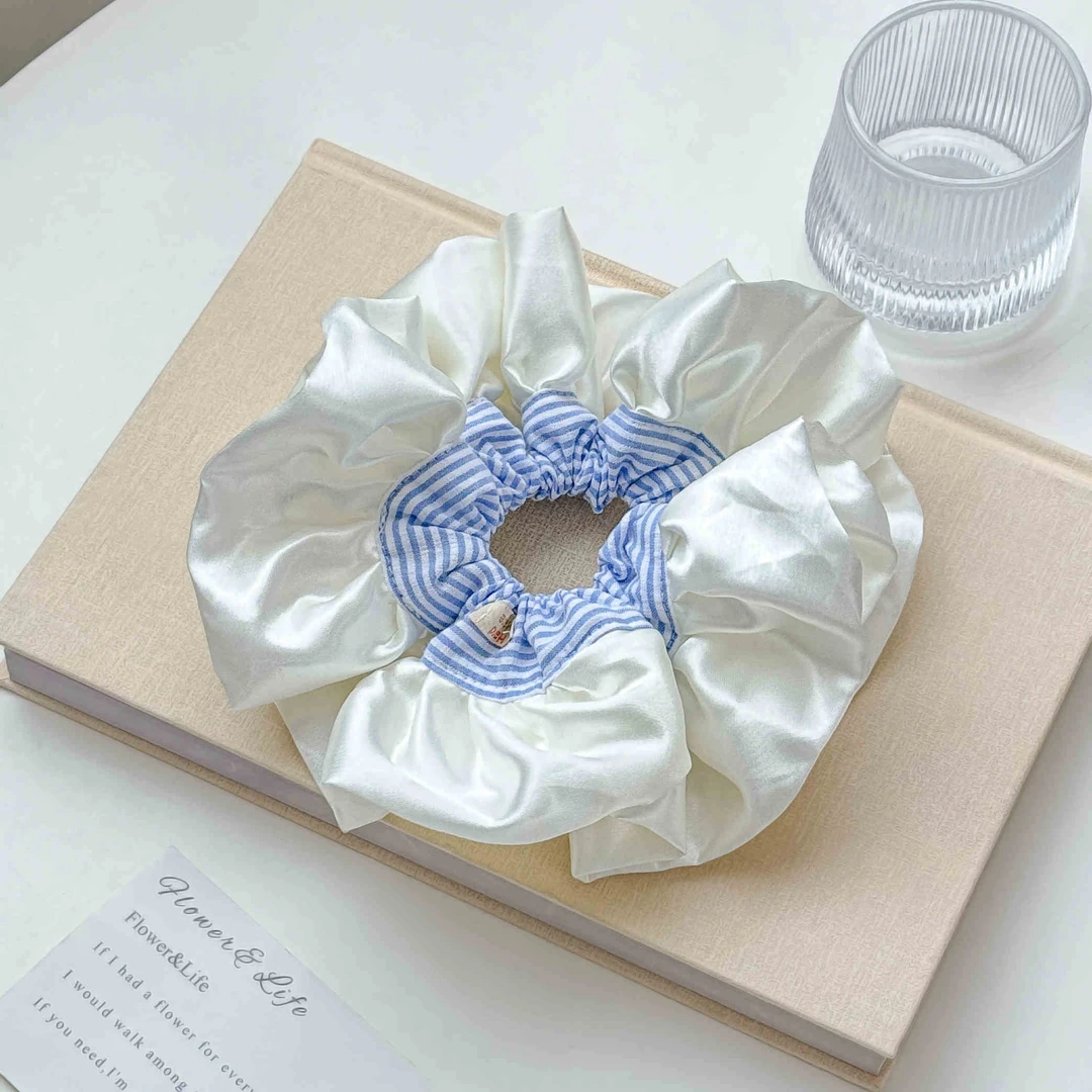 新款芭蕾风缎面蓝色条纹大肠发圈女百搭发绳扎头发橡皮筋超大头绳