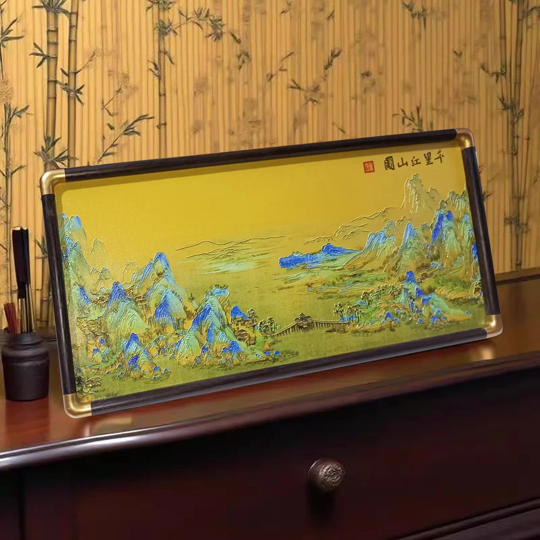 皮雕肌理烫金千里江山图电视柜入户餐边柜书房办公桌摆台1838