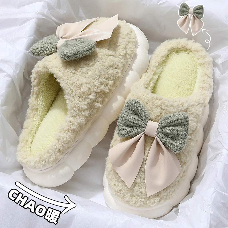 棉拖鞋女士秋冬季可爱蝴蝶结保暖防滑居家室内厚底加绒毛拖月子鞋