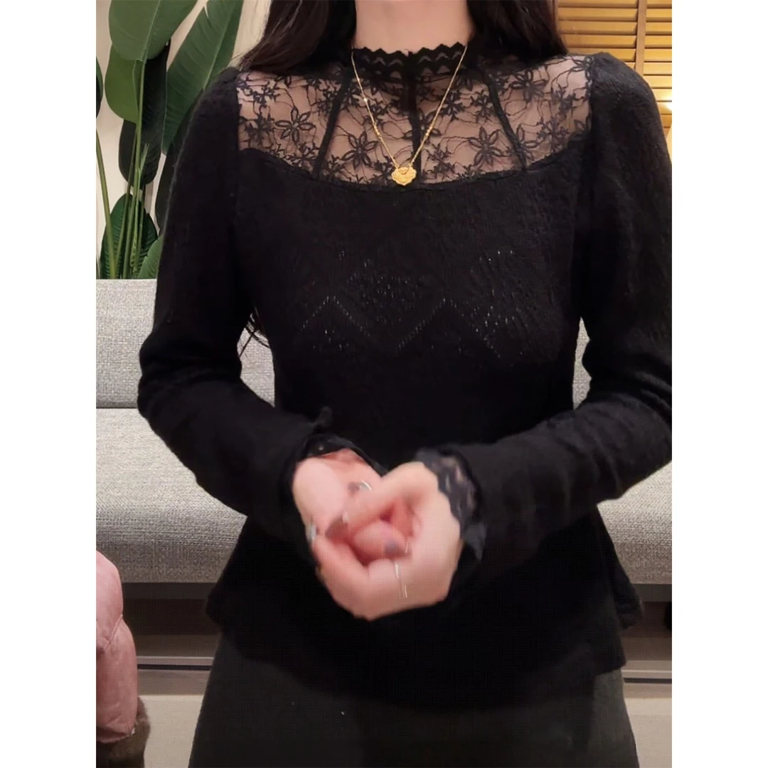 2025秋冬新款短款镂空半高领拼接泡泡袖蕾丝衫女内搭打底衫上衣潮