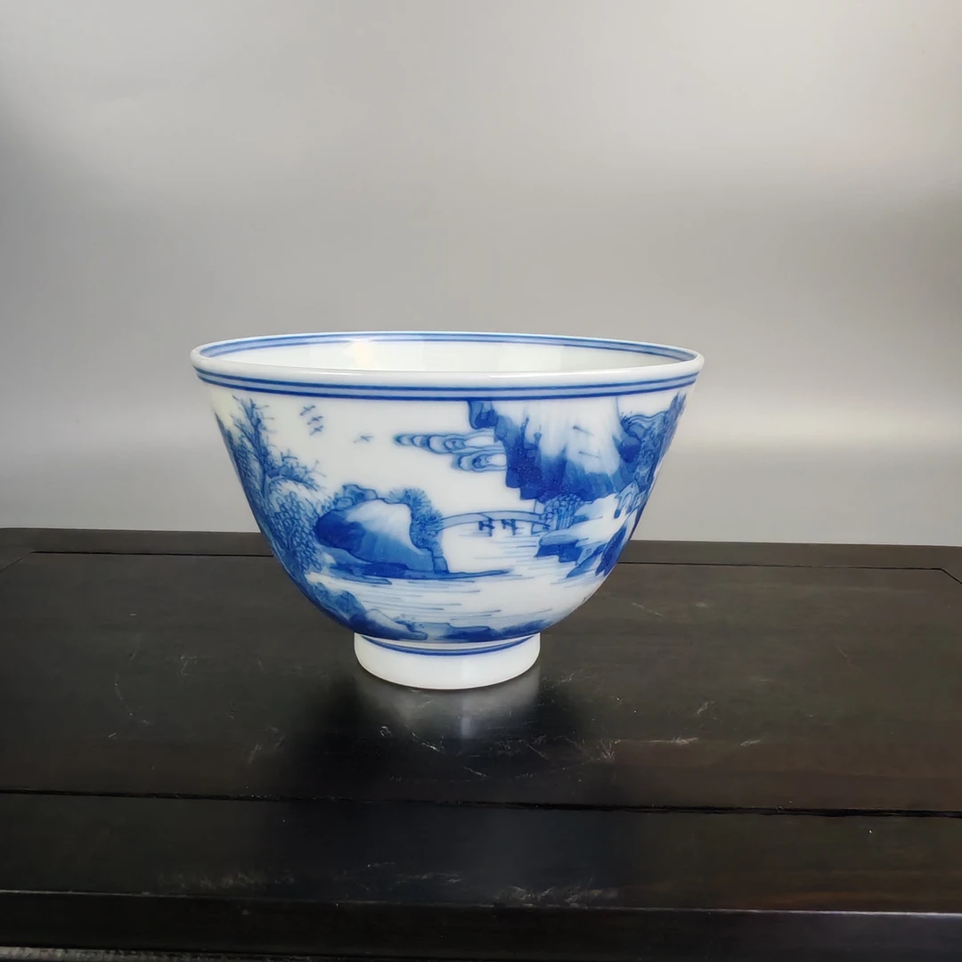 景德镇陶瓷茶器釉下青花瓷纯手工绘康熙山水主人杯