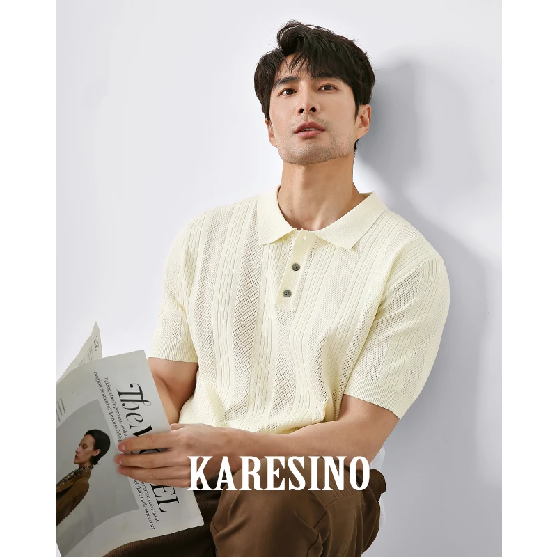 KARESINO男士夏季小众镂空翻领针织POLO衫时尚休闲冰丝短袖男T恤