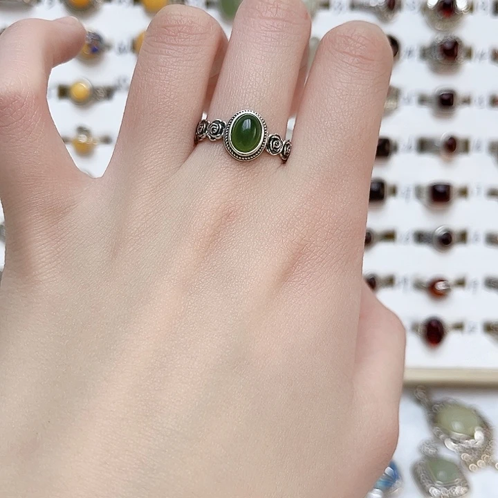 和田玉戒指银S925镶嵌天然