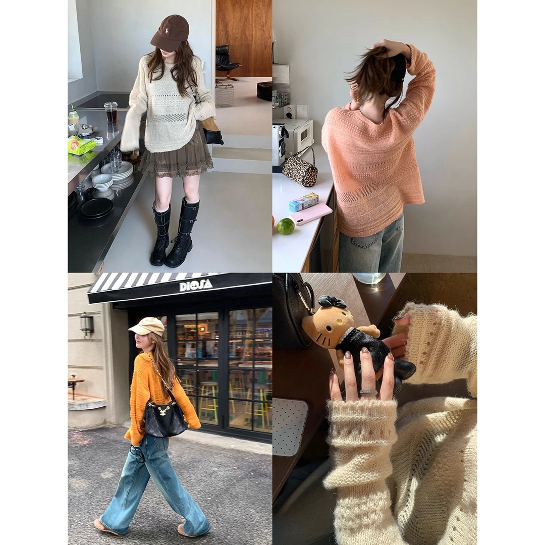 法式镂空提花圆领针织衫女早秋季设计感宽松慵懒薄款长袖罩衫上衣