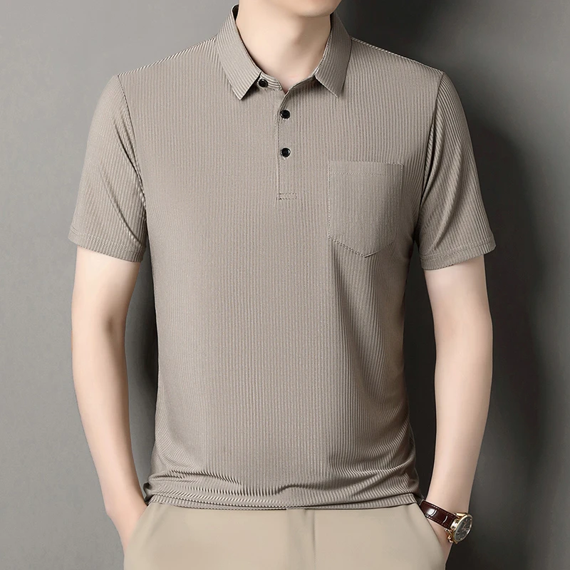 FIRS/杉杉夏季新款纯色竖条真口袋短袖T恤丝滑爸爸装