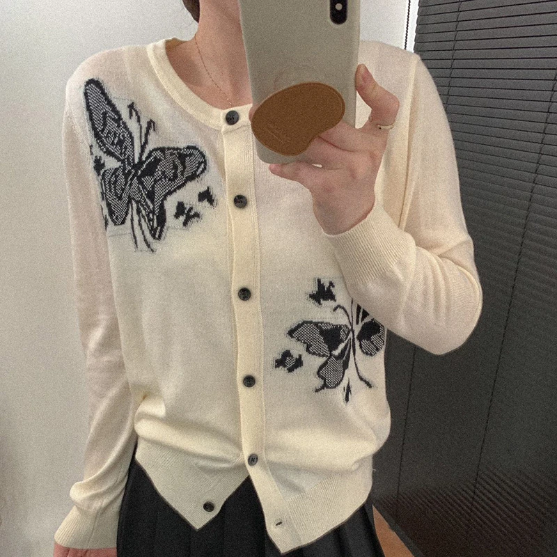 【崔万志工厂】精纺羊毛蝴蝶嵌花针织开衫春秋长袖薄款显瘦打底衫