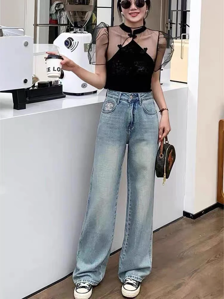 8162 设计感刺绣高品质软牛仔窄版直筒裤