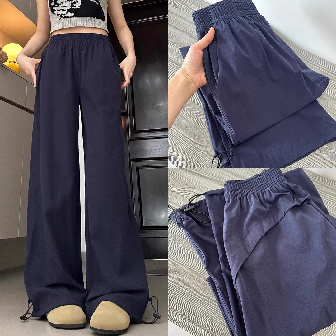 藏青美式速干工装裤女宽松显瘦夏薄2025新款高腰小个子阔腿运动裤