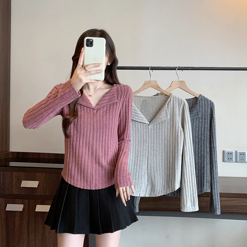 2025秋装新款胖mm大码女法式翻领修身显瘦坑条针织打底衫33239