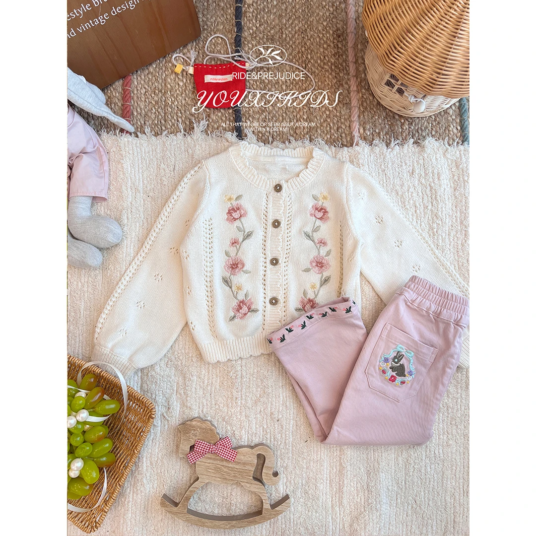 现飞飞家·粉荔枝25新款秋冬韩版花边重工刺绣精致毛衣开衫 FF2855