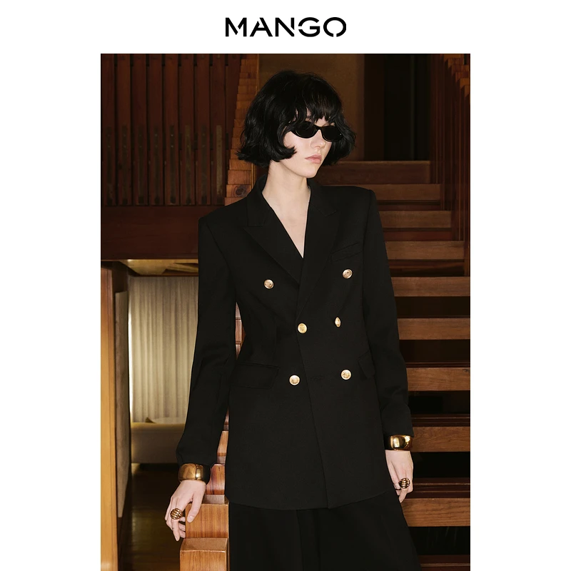 MANGO女装西装2025秋装新款黑色直筒双排扣商务通勤百搭西装外套