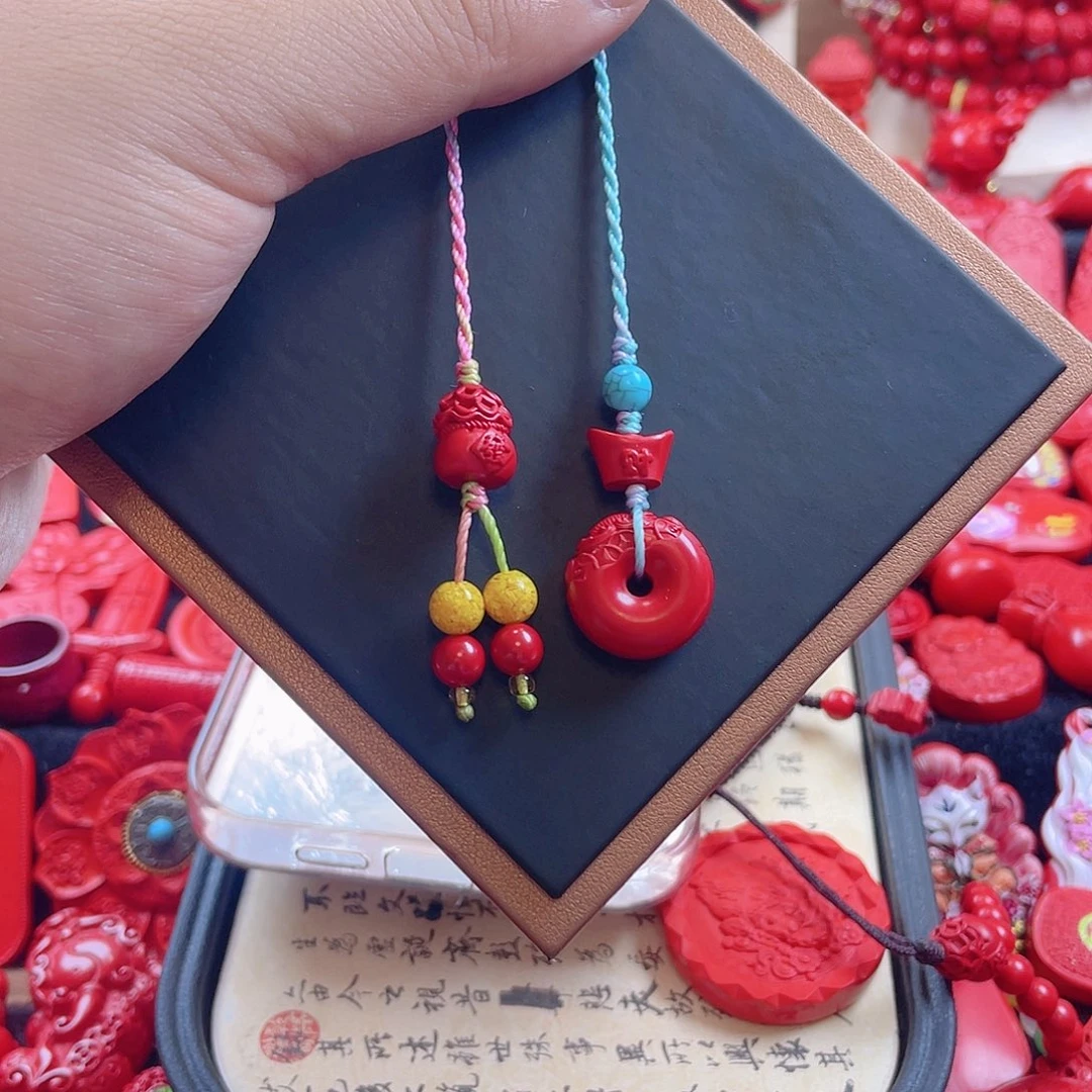 天然辰砂含辰砂工艺品貔貅平安扣双侧手机坠