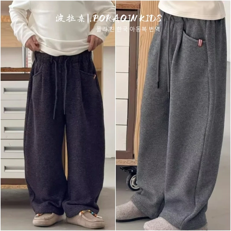 波拉亲亲子BORAQIN韩版童装2025冬季儿童加绒纯色软糯垂感休闲裤