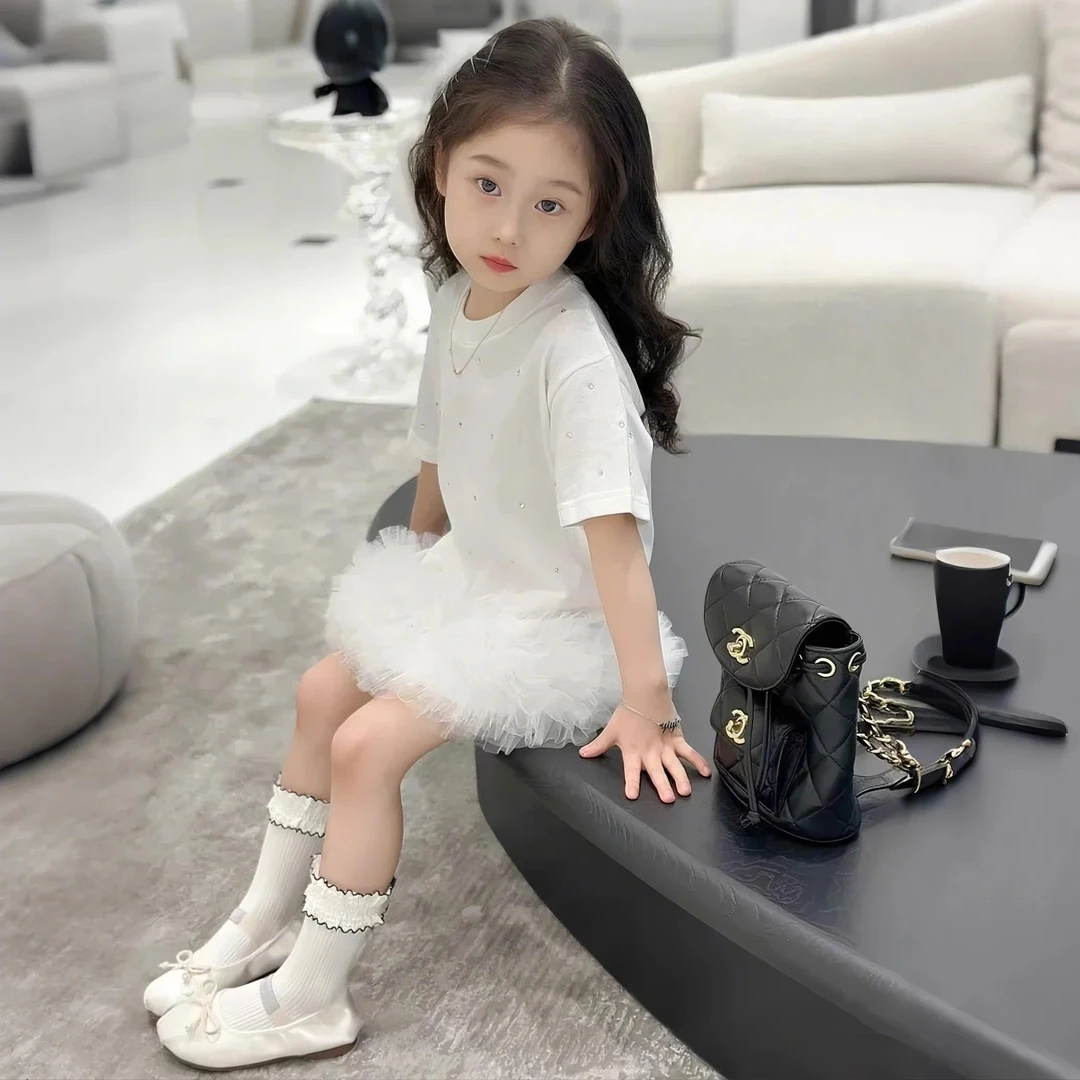 女童连衣裙夏季2025新款洋气小女孩甜美网纱拼接感短袖儿童服装