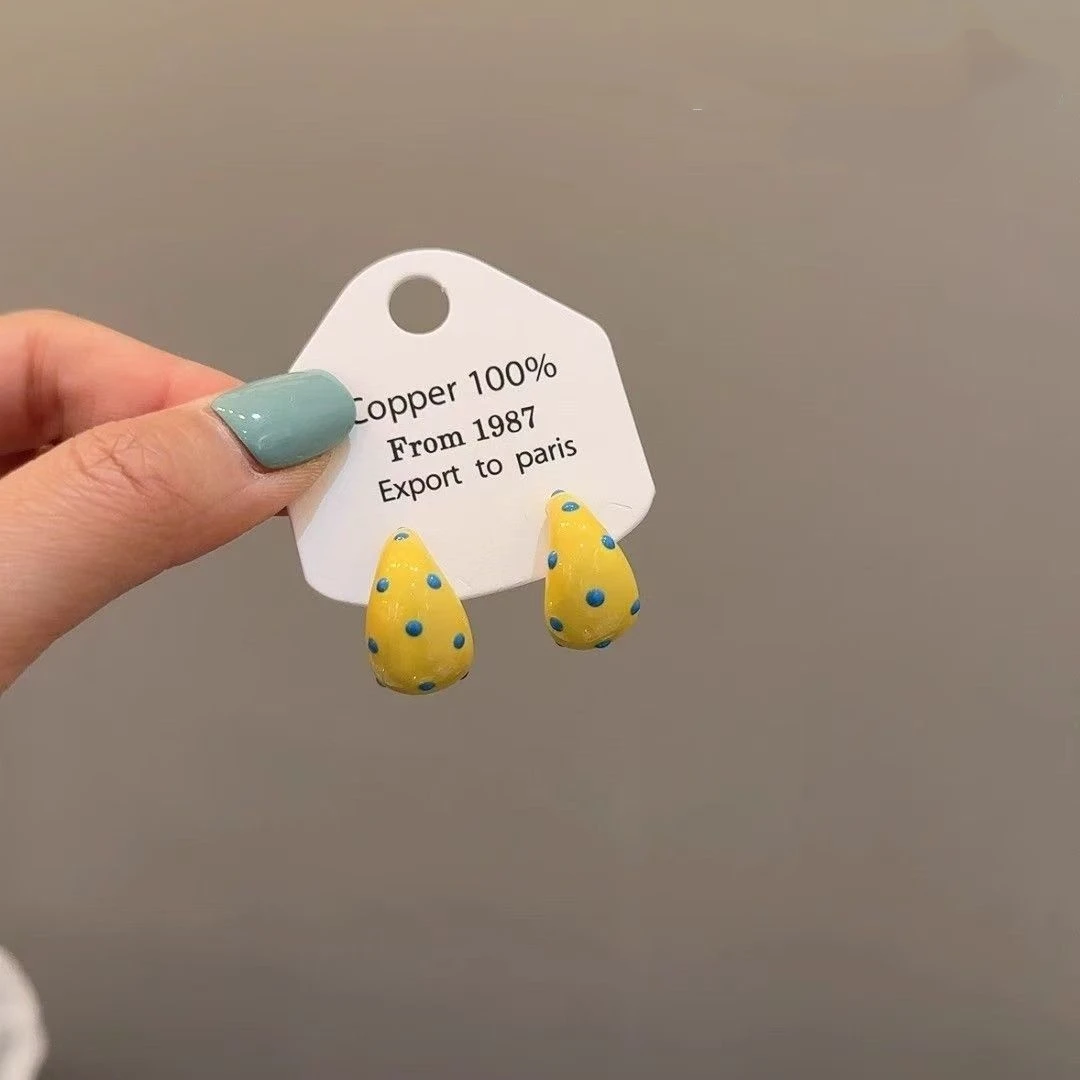 2025新款小清新黄色滴釉波点耳环复古气质轻奢耳饰耳钉