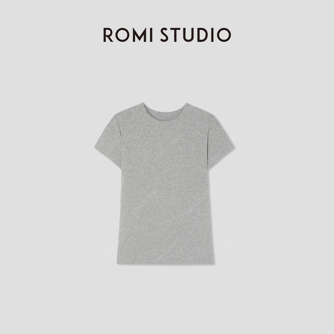 ROMI STUDIO“简约舒适”花纱灰棉质圆领高弹修身短袖T恤RWCRS41653