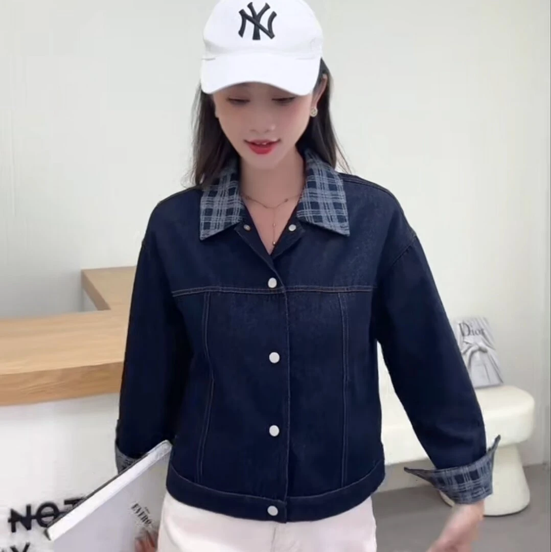 复古格子拼接牛仔短外套女2025新款秋季休闲口袋设计大码显瘦上衣