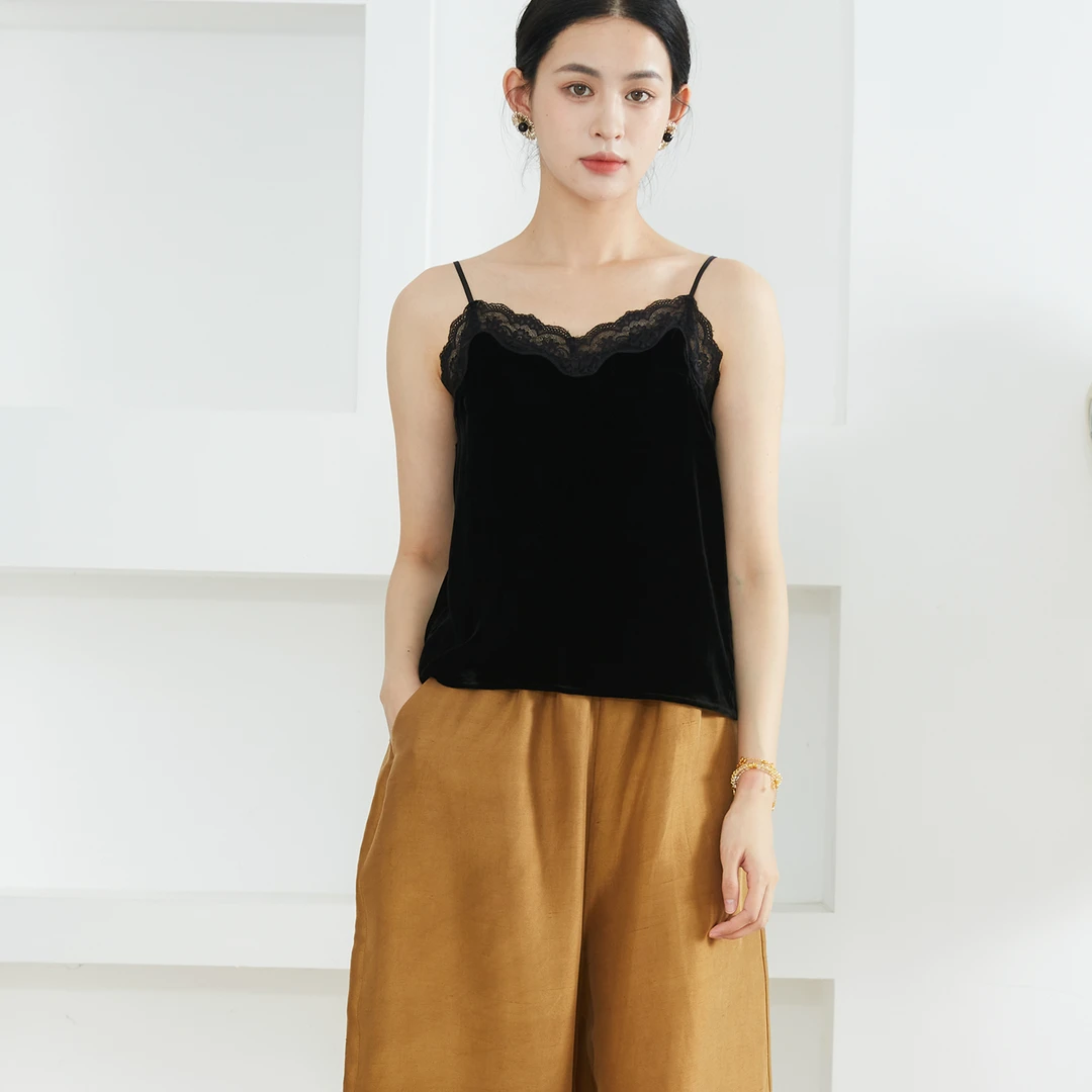SILVIYE100桑蚕丝柔软真丝丝绒吊带背心V领法式性感蕾丝女DD52007