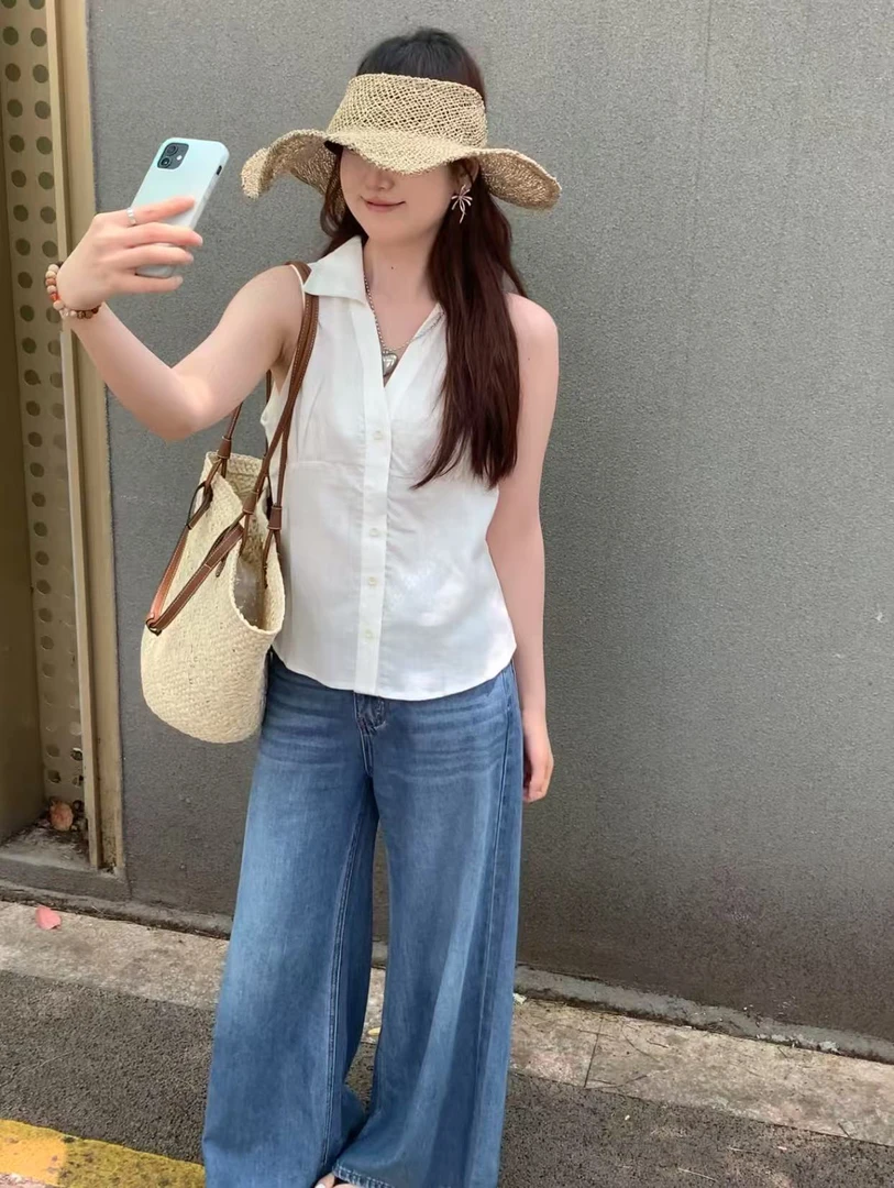 灰灰呀！6753 韩系复古设计感显瘦V领洋气百搭无袖背心衬衫